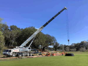 Crane outside in field