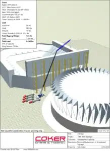 3D model of a crane lifting a large structure with detailed load and rigging information displayed.