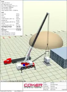 3D lift planning diagram showing crane, load, and building with detailed specifications and weight calculations.