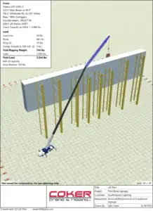 3D model of a construction crane lifting a concrete wall panel with detailed load and rigging information displayed.
